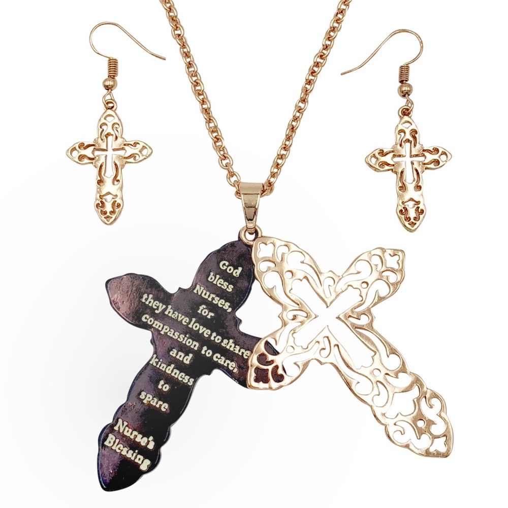 Nurse’s Blessing Long Copper Tone Filigree Cross Necklace Earrings Set